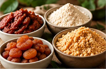Dried fruit pastes, diced fruits and ingredient powders