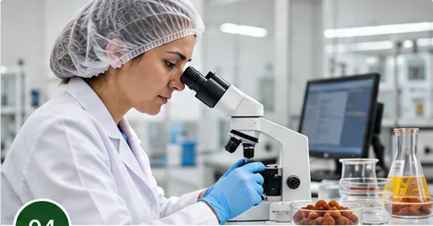 Female laboratory technician wearing a hairnet testing food samples
