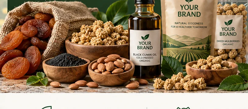Brown naturally sun-dried apricots, white mulberries, apricot kernels and black cumin oil with private-label packaging